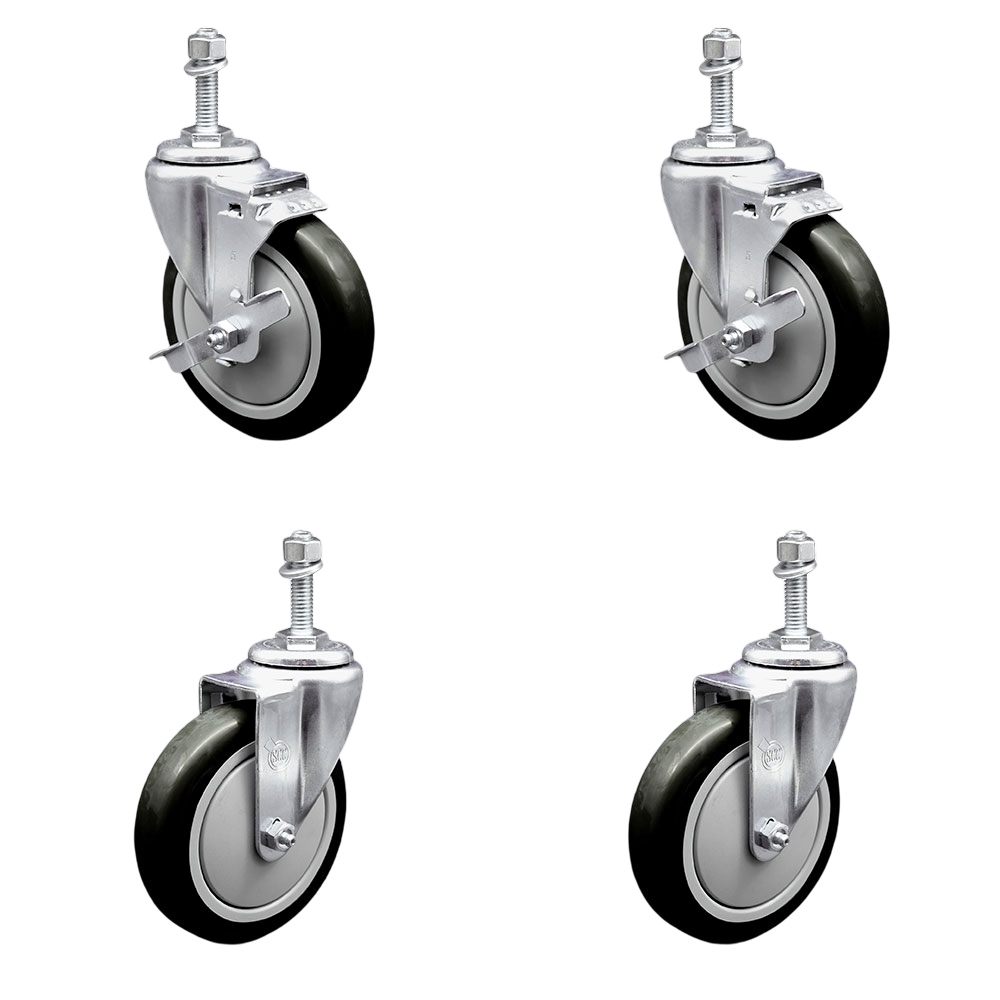 Polyurethane Swivel Threaded Stem Caster Set of 4 w/5" x 1.25"  Blue Wheels and 10mm Stems - Includes 2 with Top Locking Brake - 1400 lbs Total Capacity - Service Caster Brand — photo 1