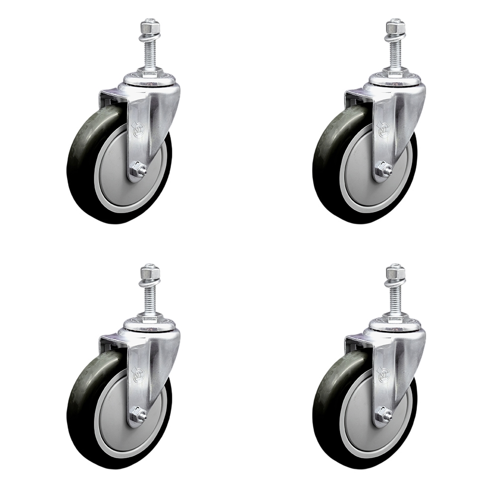 Polyurethane Swivel Threaded Stem Caster Set of 4 w/5" x 1.25" Black Wheels and 10mm Stems - Includes 4 Swivel - 1400 lbs Total Capacity - Service Caster Brand — photo 1