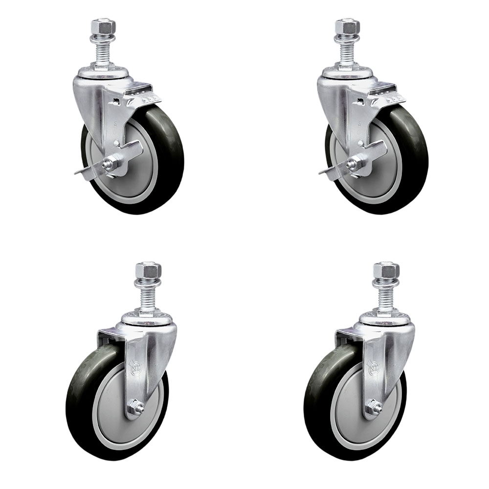 Polyurethane Swivel Threaded Stem Caster Set of 4 w/5" x 1.25"  Black Wheels and 12mm Stems - Includes 2 with Top Locking Brake - 1400 lbs Total Capacity - Service Caster Brand — photo 1