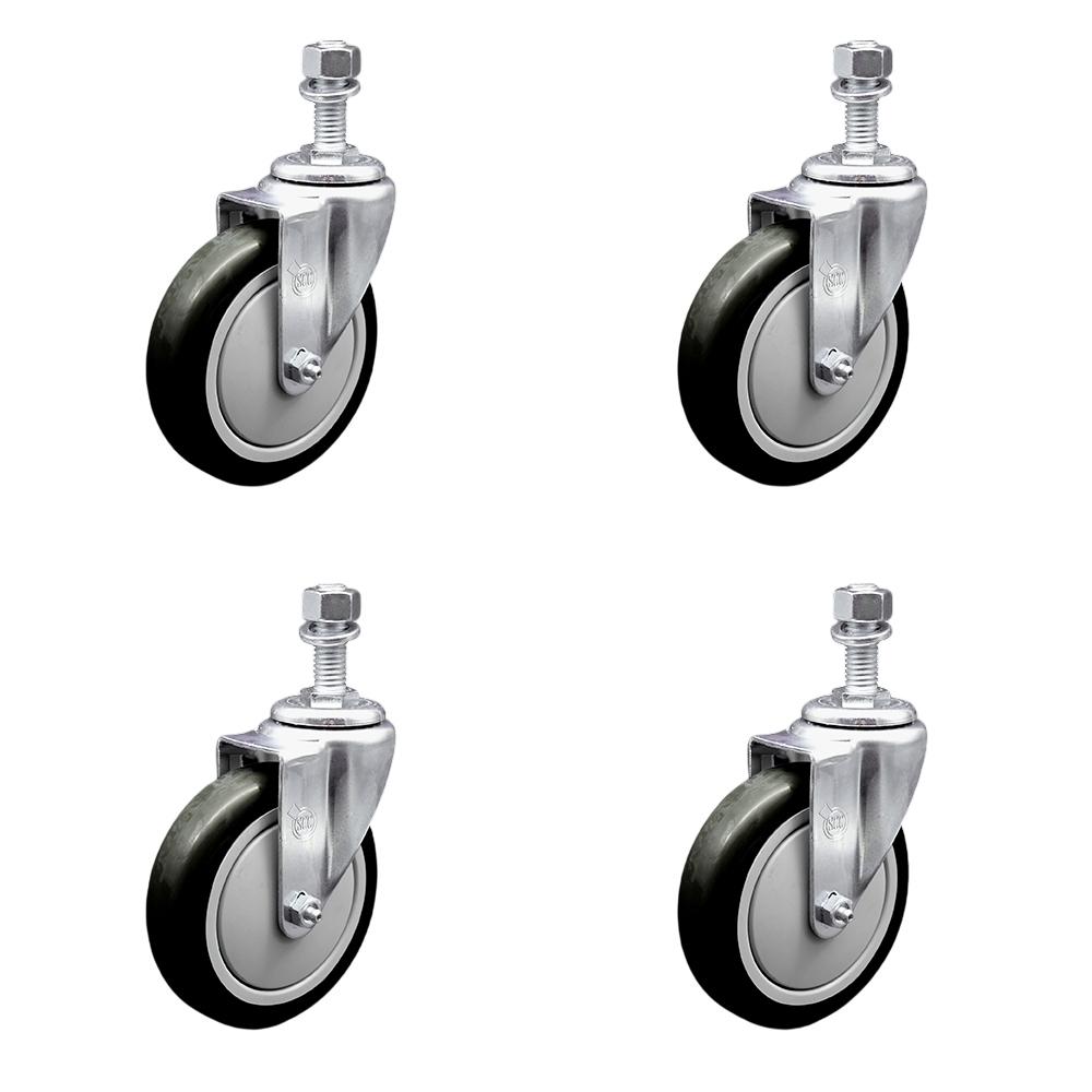 Polyurethane Swivel Threaded Stem Caster Set of 4 w/5" x 1.25" Black Wheels and 12mm Stems - Includes 4 Swivel - 1400 lbs Total Capacity - Service Caster Brand — photo 1