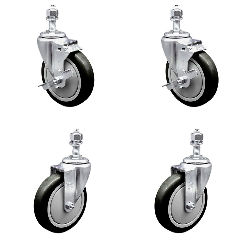 Polyurethane Swivel Threaded Stem Caster Set of 4 w/5" x 1.25"  Black Wheels and 1/2" Stems - Includes 2 with Top Locking Brake - 1400 lbs Total Capacity - Service Caster Brand — photo 1
