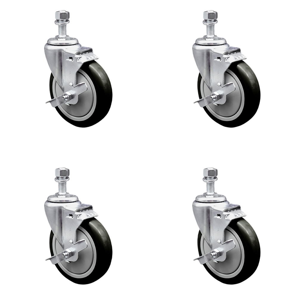 Polyurethane Swivel Threaded Stem Caster Set of 4 w/5" x 1.25" Black Wheels and 1/2" Stems - Includes 4 with Top Lock Brakes - 1400 lbs Total Capacity - Service Caster Brand — photo 1
