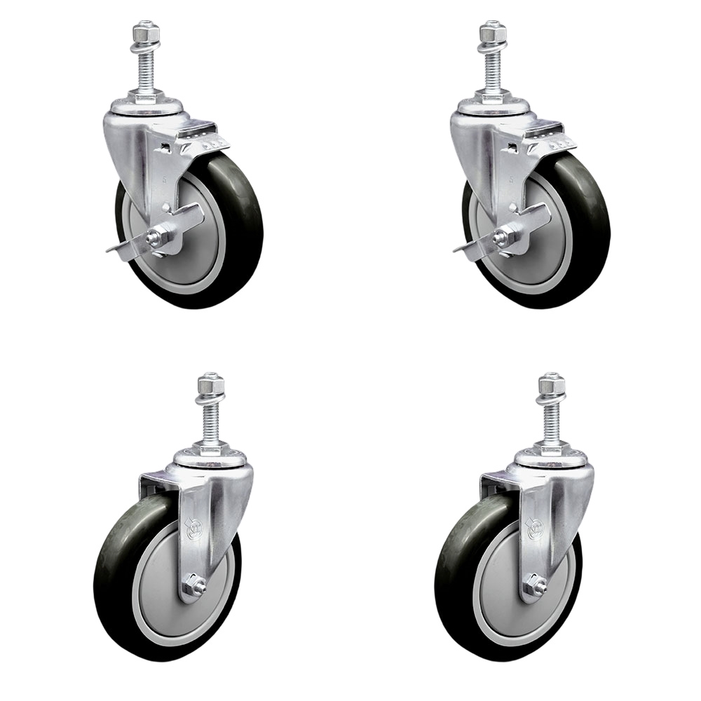 Polyurethane Swivel Threaded Stem Caster Set of 4 w/5" x 1.25"  Black Wheels and 3/8" Stems - Includes 2 with Top Locking Brake - 1400 lbs Total Capacity - Service Caster Brand — photo 1