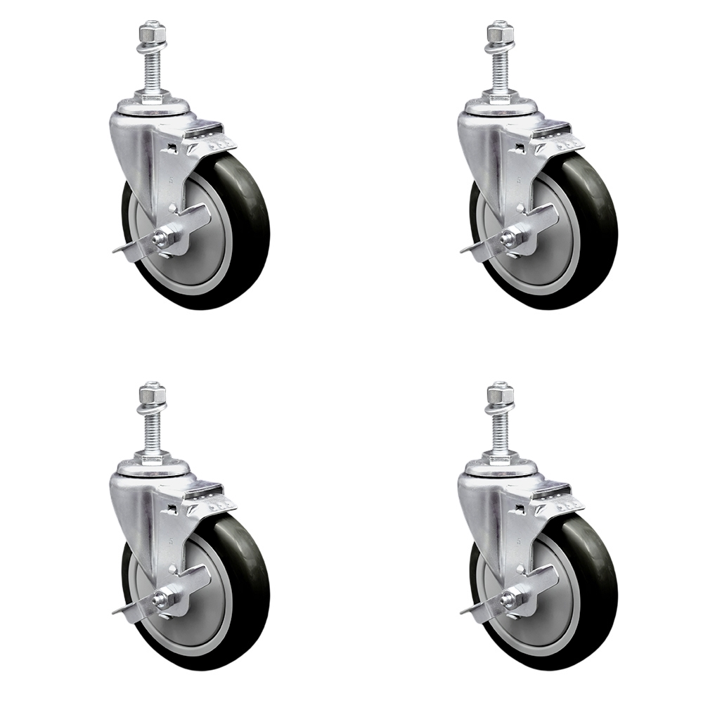 Polyurethane Swivel Threaded Stem Caster Set of 4 w/5" x 1.25" Black Wheels and 3/8" Stems - Includes 4 with Top Lock Brakes - 1400 lbs Total Capacity - Service Caster Brand — photo 1
