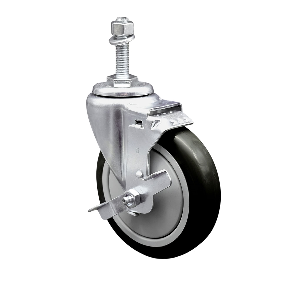 5" Swivel Caster with 3/8" Threaded Stem, Black Polyurethane Wheel and Brake - 350 lbs. Capacity - Service Caster Brand — photo 1