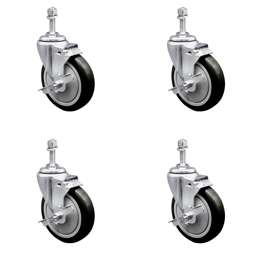Polyurethane Swivel Threaded Stem Caster Set of 4 w/5" x 1.25" Black Wheels and 10mm Stems - Includes 4 with Top Lock Brakes - 1400 lbs Total Capacity - Service Caster Brand — photo 1
