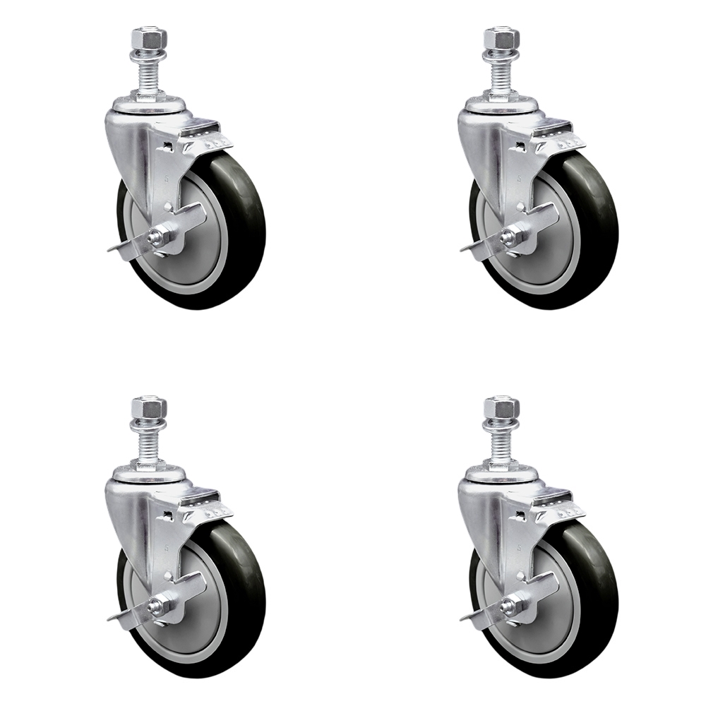 Polyurethane Swivel Threaded Stem Caster Set of 4 w/5" x 1.25" Black Wheels and 12mm Stems - Includes 4 with Top Lock Brakes - 1400 lbs Total Capacity - Service Caster Brand — photo 1