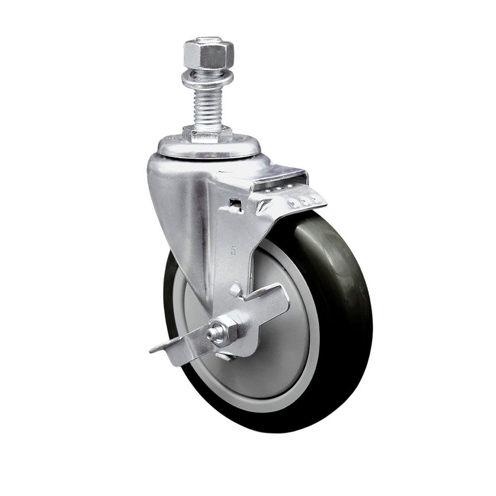 5" Swivel Caster with 12mm Threaded Stem, Black Polyurethane Wheel and Brake - 350 lbs. Capacity - Service Caster Brand — photo 1