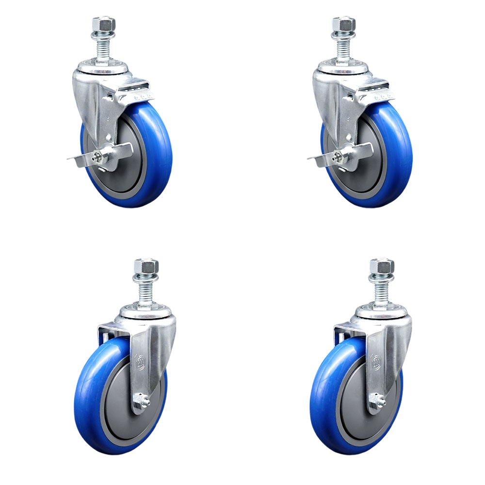 Polyurethane Swivel Threaded Stem Caster Set of 4 w/5" x 1.25" Blue Wheels and 1/2" Stems - Includes 2 with Top Locking Brake - 1400 lbs Total Capacity - Service Caster Brand — photo 1