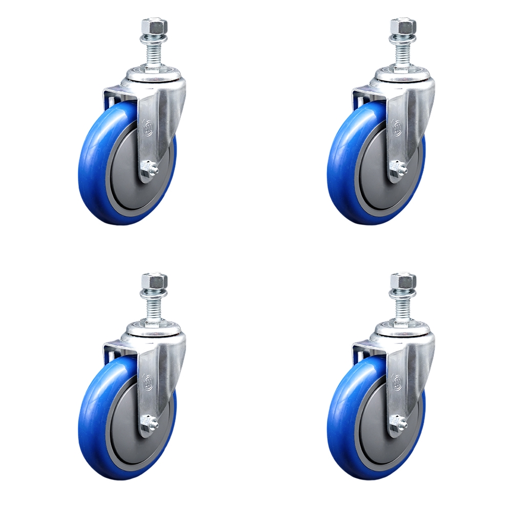 Polyurethane Swivel Threaded Stem Caster Set of 4 w/5" x 1.25" Blue Wheels and 1/2" Stems - Includes 4 Swivel - 1400 lbs Total Capacity - Service Caster Brand — photo 1