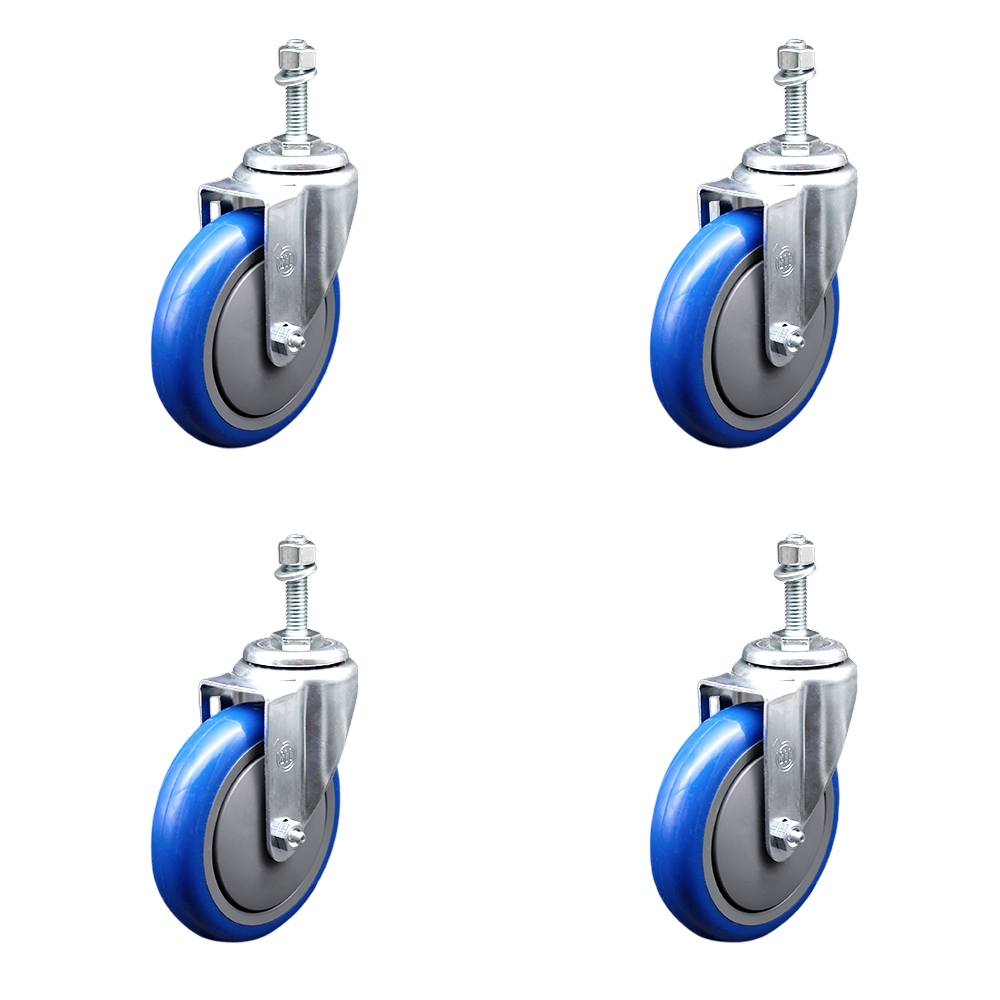 Polyurethane Swivel Threaded Stem Caster Set of 4 w/5" x 1.25" Blue Wheels and 10mm Stems - Includes 4 Swivel - 1400 lbs Total Capacity - Service Caster Brand — photo 1