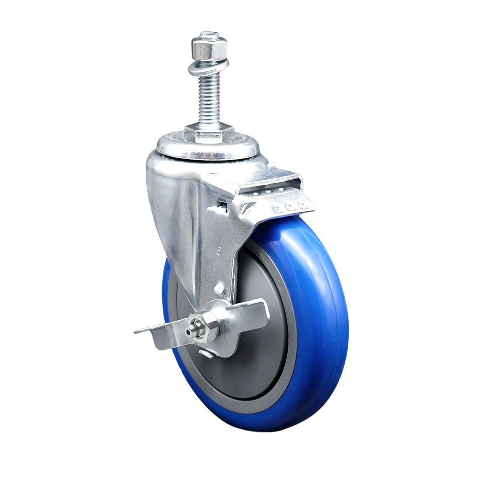 Polyurethane Swivel Threaded Stem Caster w/5" x 1.25"  Blue Wheel and 3/8" Stem & Top Locking Brake - 350 lbs Capacity/Caster - Service Caster Brand — photo 1