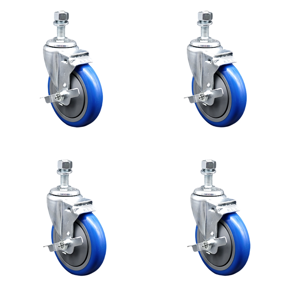 Polyurethane Swivel Threaded Stem Caster Set of 4 w/5" x 1.25" Blue Wheels and 12mm Stems - Includes 4 with Top Lock Brakes - 1400 lbs Total Capacity - Service Caster Brand — photo 1
