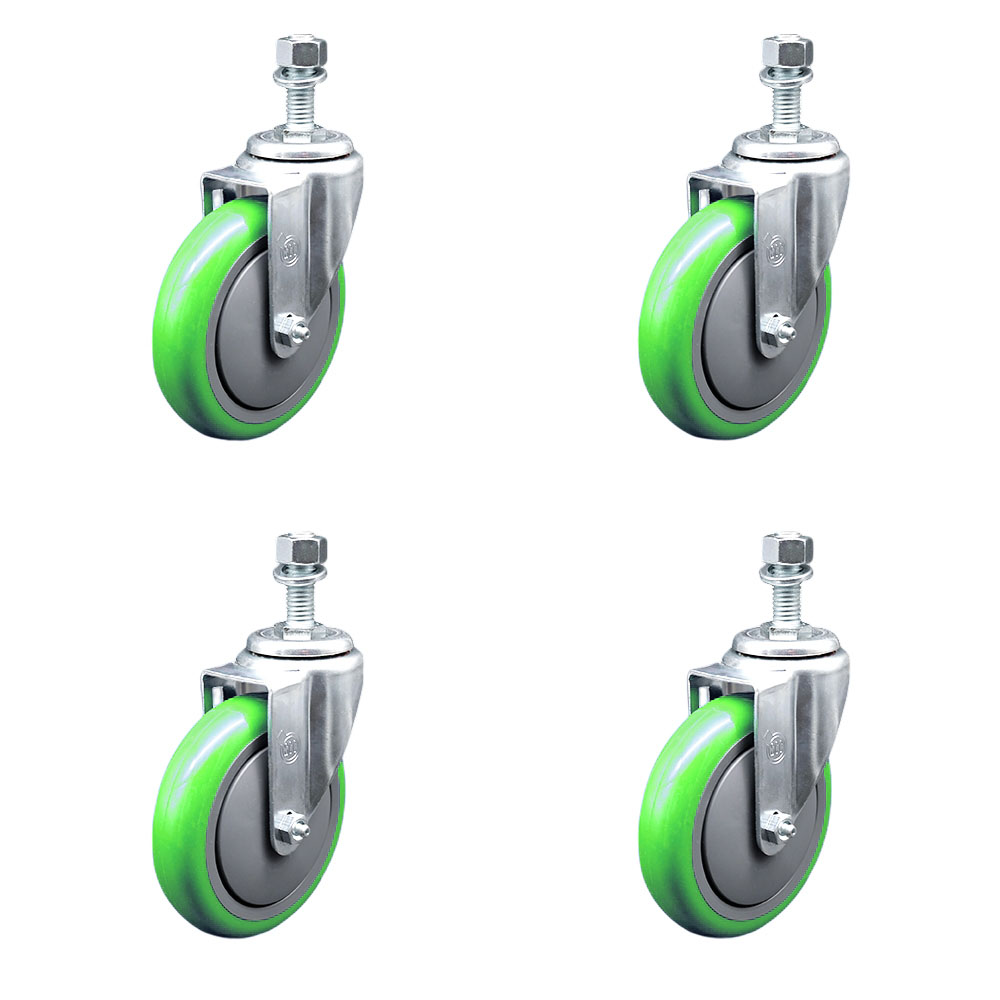 Polyurethane Swivel Threaded Stem Caster Set of 4 w/5" x 1.25" Green Wheels and 1/2" Stems - Includes 4 Swivel - 1400 lbs Total Capacity - Service Caster Brand — photo 1