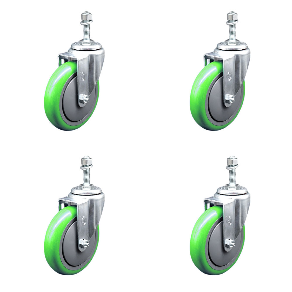 Polyurethane Swivel Threaded Stem Caster Set of 4 w/5" x 1.25" Green Wheels and 10mm Stems - Includes 4 Swivel - 1400 lbs Total Capacity - Service Caster Brand — photo 1