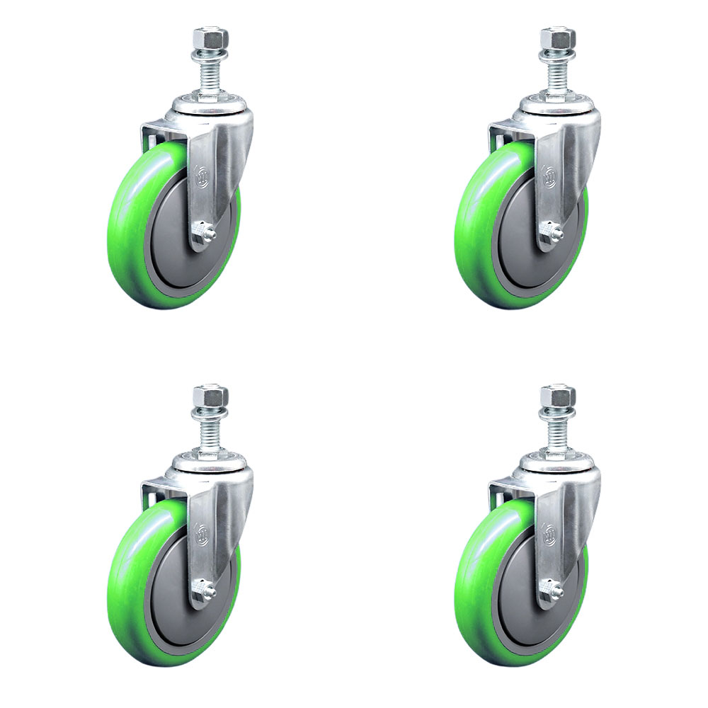 Polyurethane Swivel Threaded Stem Caster Set of 4 w/5" x 1.25" Green Wheels and 12mm Stems - Includes 4 Swivel - 1400 lbs Total Capacity - Service Caster Brand — photo 1