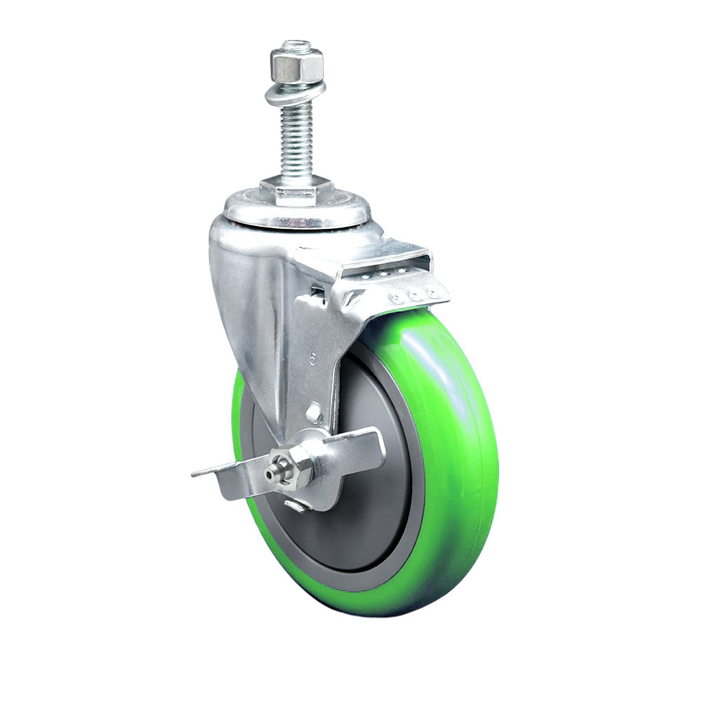 Polyurethane Swivel Threaded Stem Caster w/5" x 1.25" Green Wheel and 10mm Stem & Top Locking Brake - 350 lbs Capacity/Caster - Service Caster Brand — photo 1