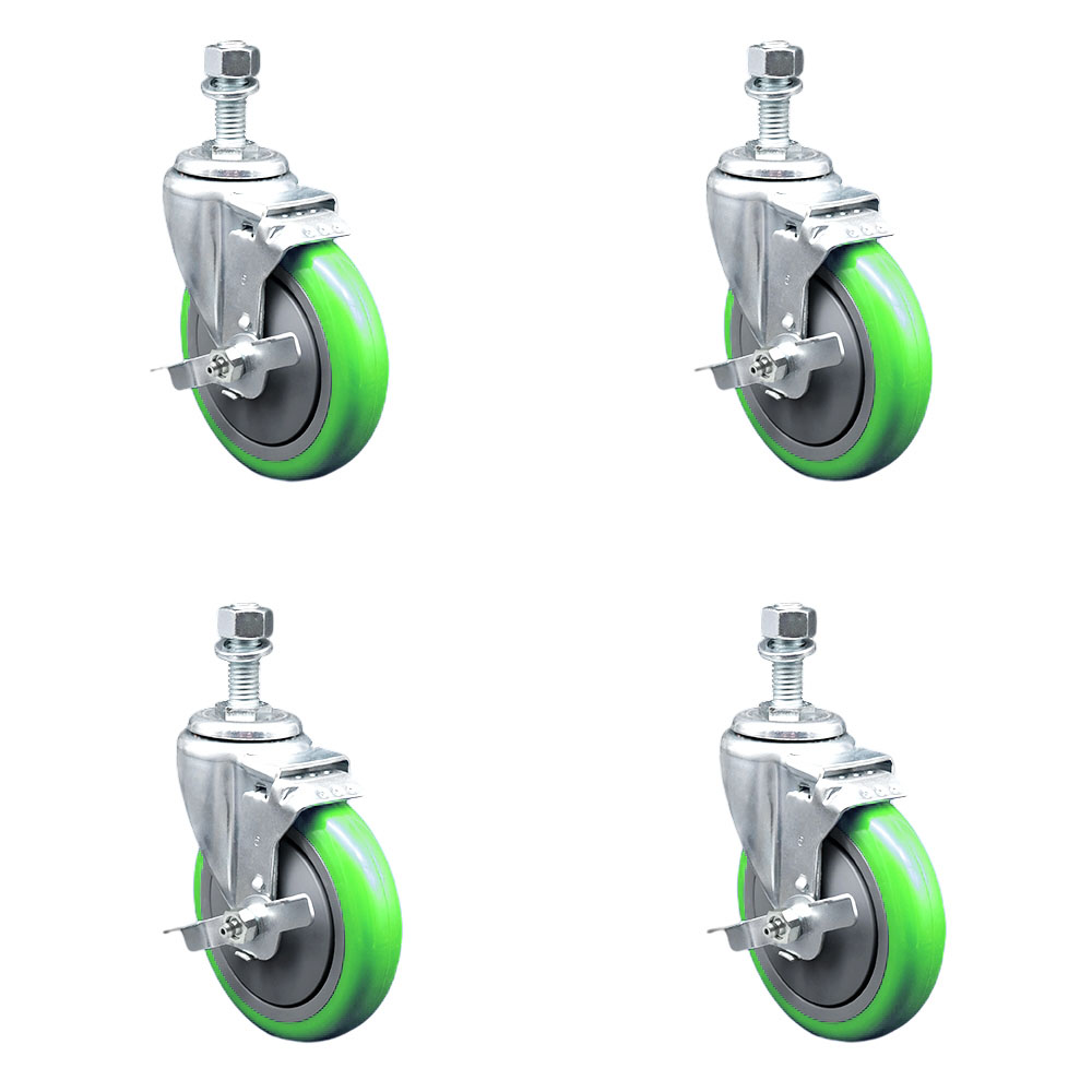 Polyurethane Swivel Threaded Stem Caster Set of 4 w/5" x 1.25" Green Wheels and 12mm Stems - Includes 4 with Top Lock Brakes - 1400 lbs Total Capacity - Service Caster Brand — photo 1
