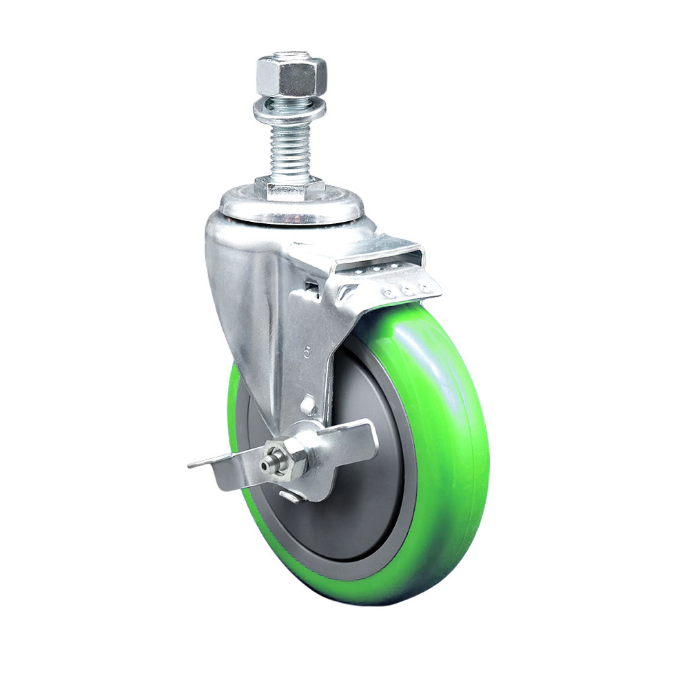 Polyurethane Swivel Threaded Stem Caster w/5" x 1.25" Green Wheel and 12mm Stem & Top Locking Brake - 350 lbs Capacity/Caster - Service Caster Brand — photo 1
