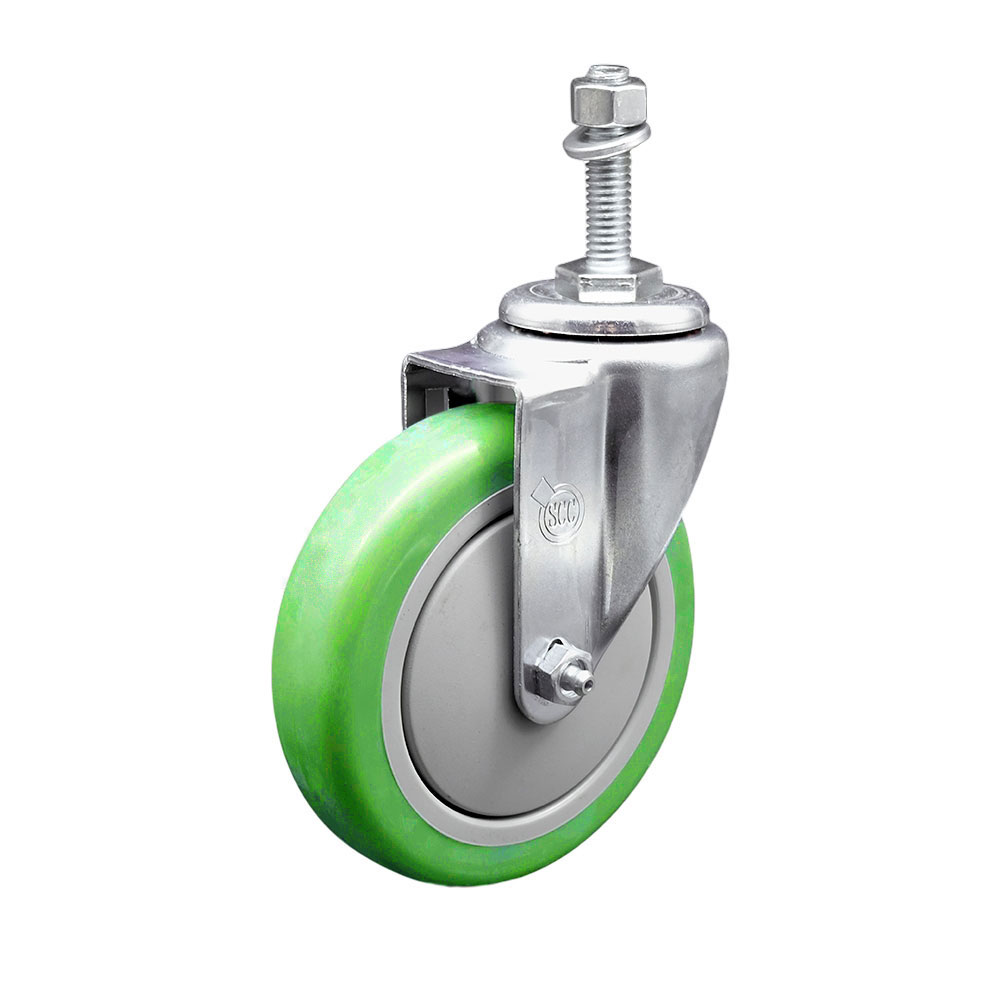 Polyurethane Swivel Threaded Stem Caster w/5" x 1.25" Green Wheel and 10mm Stem - 350 lbs Capacity/Caster - Service Caster Brand — photo 1