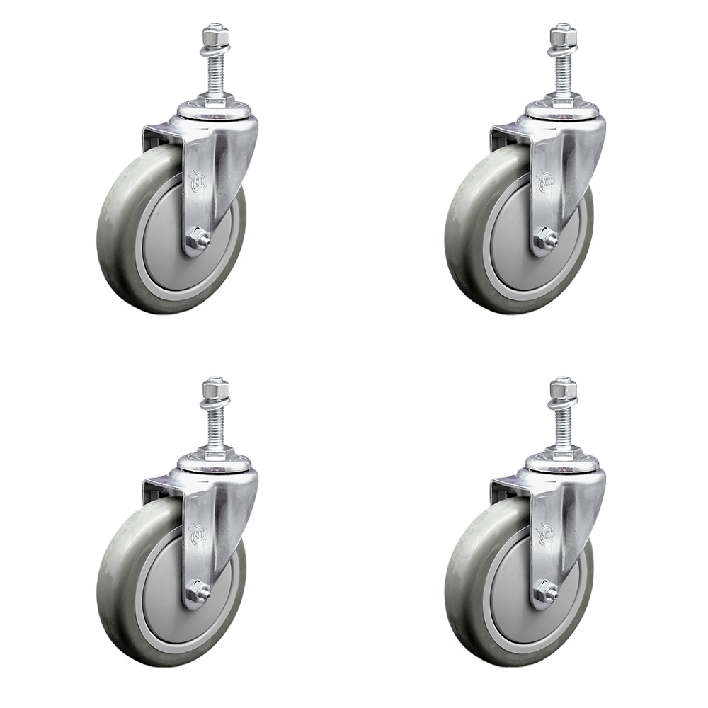 Polyurethane Swivel Threaded Stem Caster Set of 4 w/5" x 1.25" Gray Wheels and 10mm Stems - Includes 4 Swivel - 1400 lbs Total Capacity - Service Caster Brand — photo 1