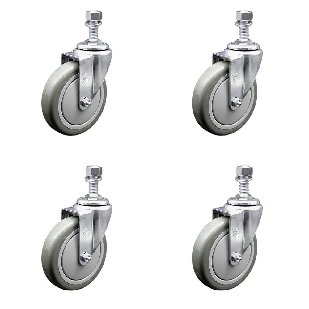 Polyurethane Swivel Threaded Stem Caster Set of 4 w/5" x 1.25" Gray Wheels and 12mm Stems - Includes 4 Swivel - 1400 lbs Total Capacity - Service Caster Brand — photo 1