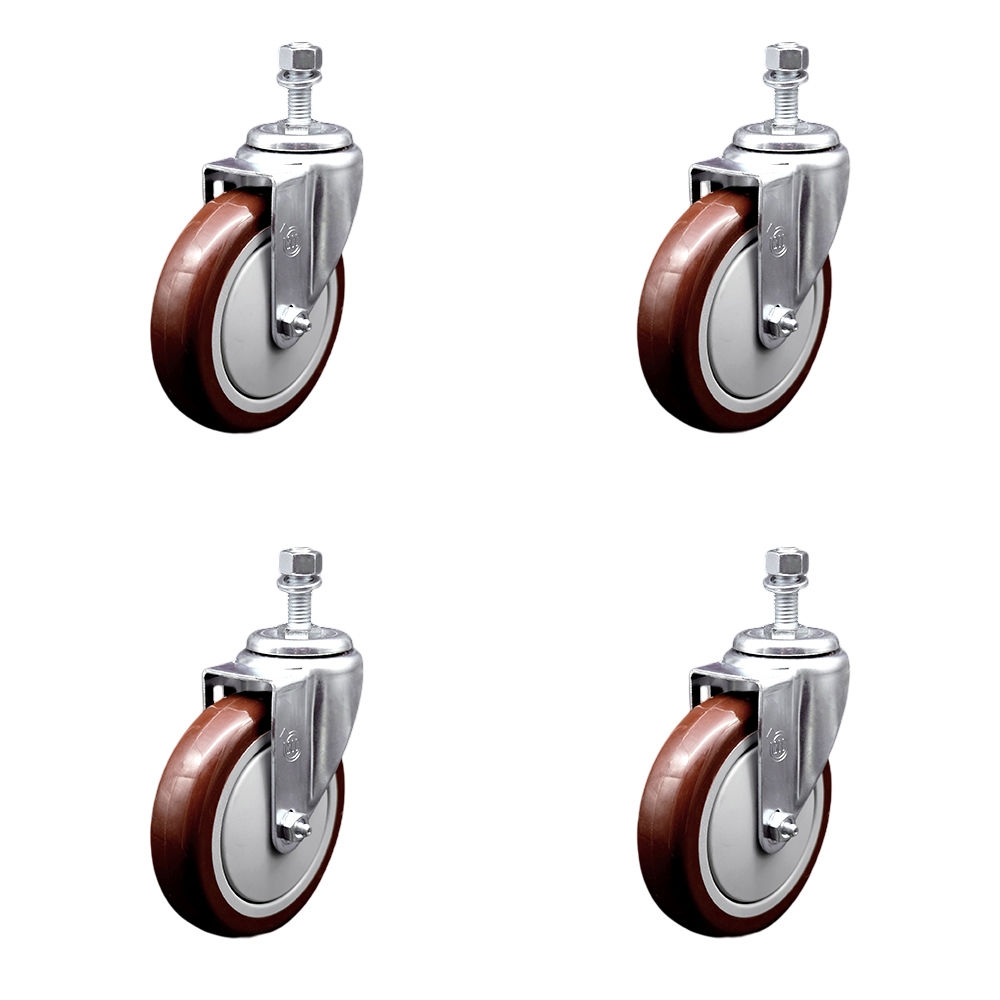 Polyurethane Swivel Threaded Stem Caster Set of 4 w/5" x 1.25" Maroon Wheels and 1/2" Stems - Includes 4 Swivel - 1400 lbs Total Capacity - Service Caster Brand — photo 1