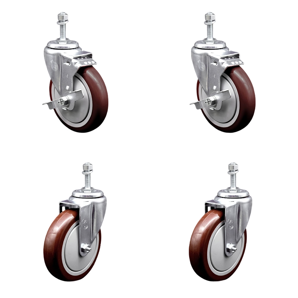 Polyurethane Swivel Threaded Stem Caster Set of 4 w/5" x 1.25"  Maroon Wheels and 3/8" Stems - Includes 2 with Top Locking Brake - 1400 lbs Total Capacity - Service Caster Brand — photo 1