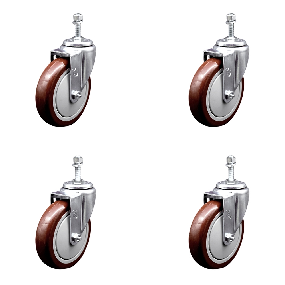 Polyurethane Swivel Threaded Stem Caster Set of 4 w/5" x 1.25" Maroon Wheels and 3/8" Stems - Includes 4 Swivel - 1400 lbs Total Capacity - Service Caster Brand — photo 1