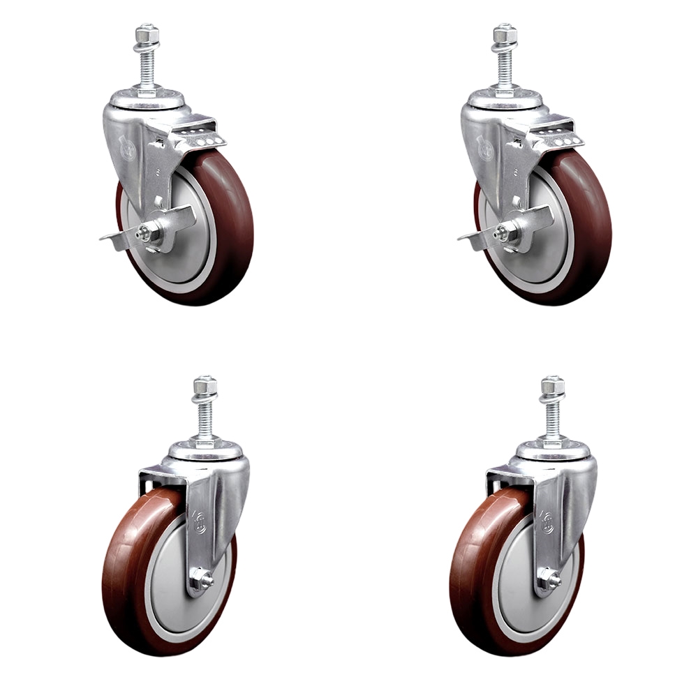 Polyurethane Swivel Threaded Stem Caster Set of 4 w/5" x 1.25" Maroon Wheels and 10mm Stems - Includes 2 with Top Locking Brake - 1400 lbs Total Capacity - Service Caster Brand — photo 1