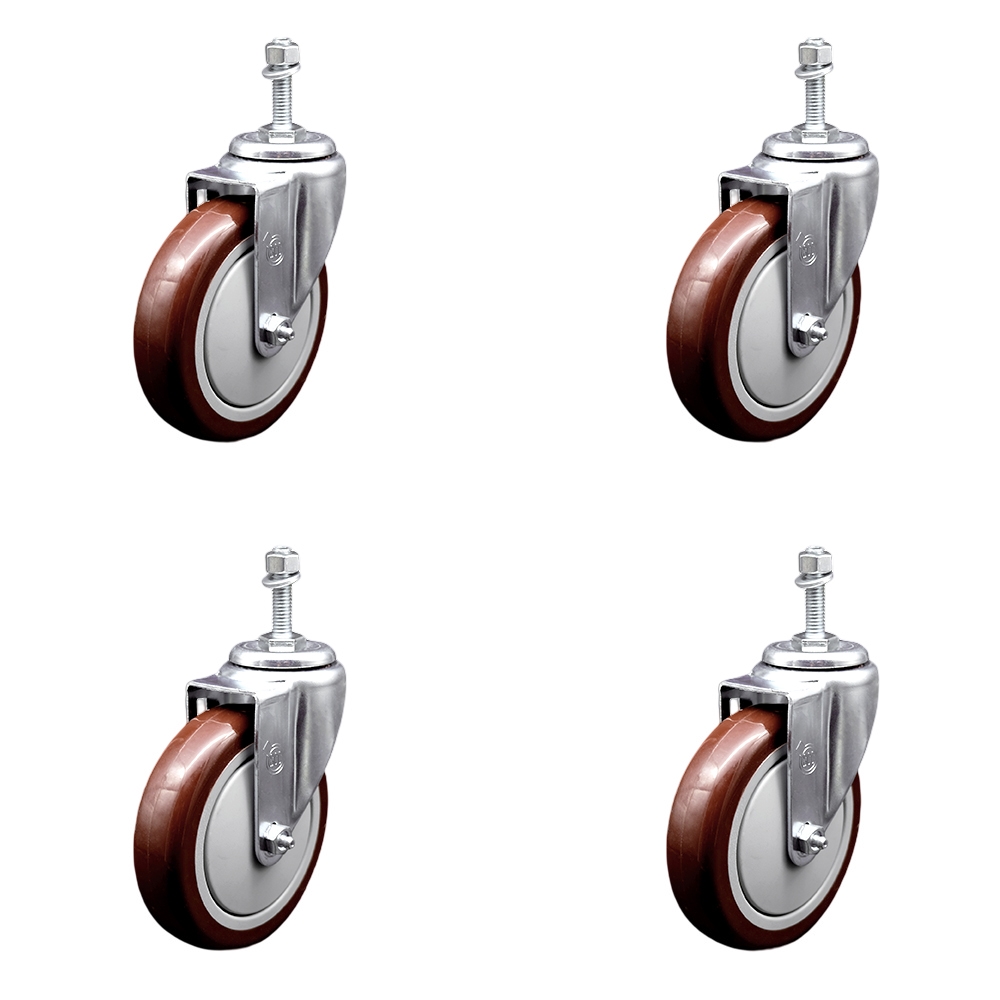 Polyurethane Swivel Threaded Stem Caster Set of 4 w/5" x 1.25" Maroon Wheels and 10mm Stems - Includes 4 Swivel - 1400 lbs Total Capacity - Service Caster Brand — photo 1