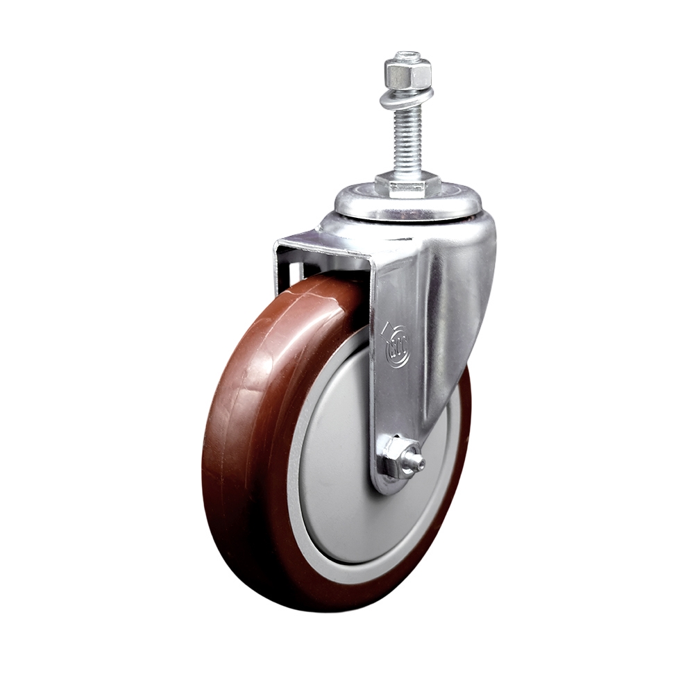 Polyurethane Swivel Threaded Stem Caster w/5" x 1.25" Maroon Wheel and 10mm Stem - 350 lbs Capacity/Caster - Service Caster Brand — photo 1