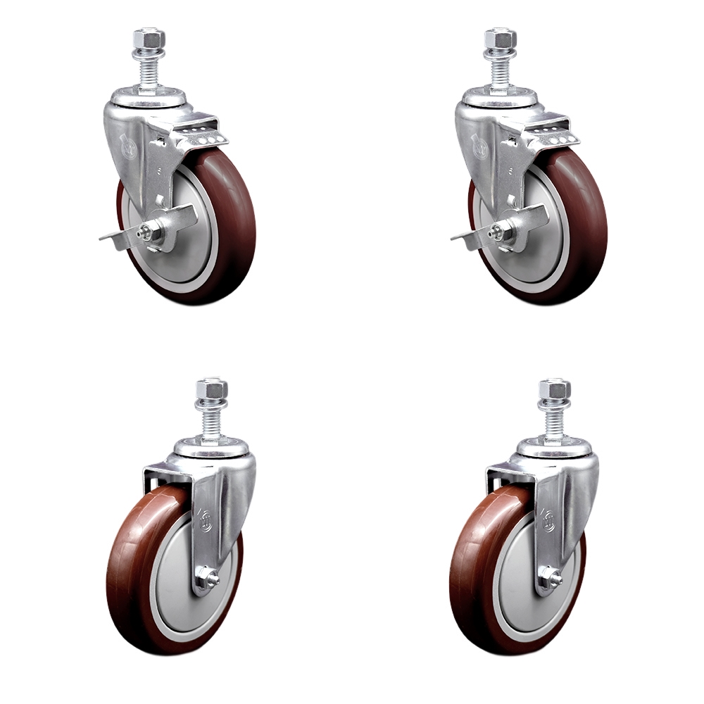 Polyurethane Swivel Threaded Stem Caster Set of 4 w/5" x 1.25"  Maroon Wheels and 12mm Stems - Includes 2 with Top Locking Brake - 1400 lbs Total Capacity - Service Caster Brand — photo 1