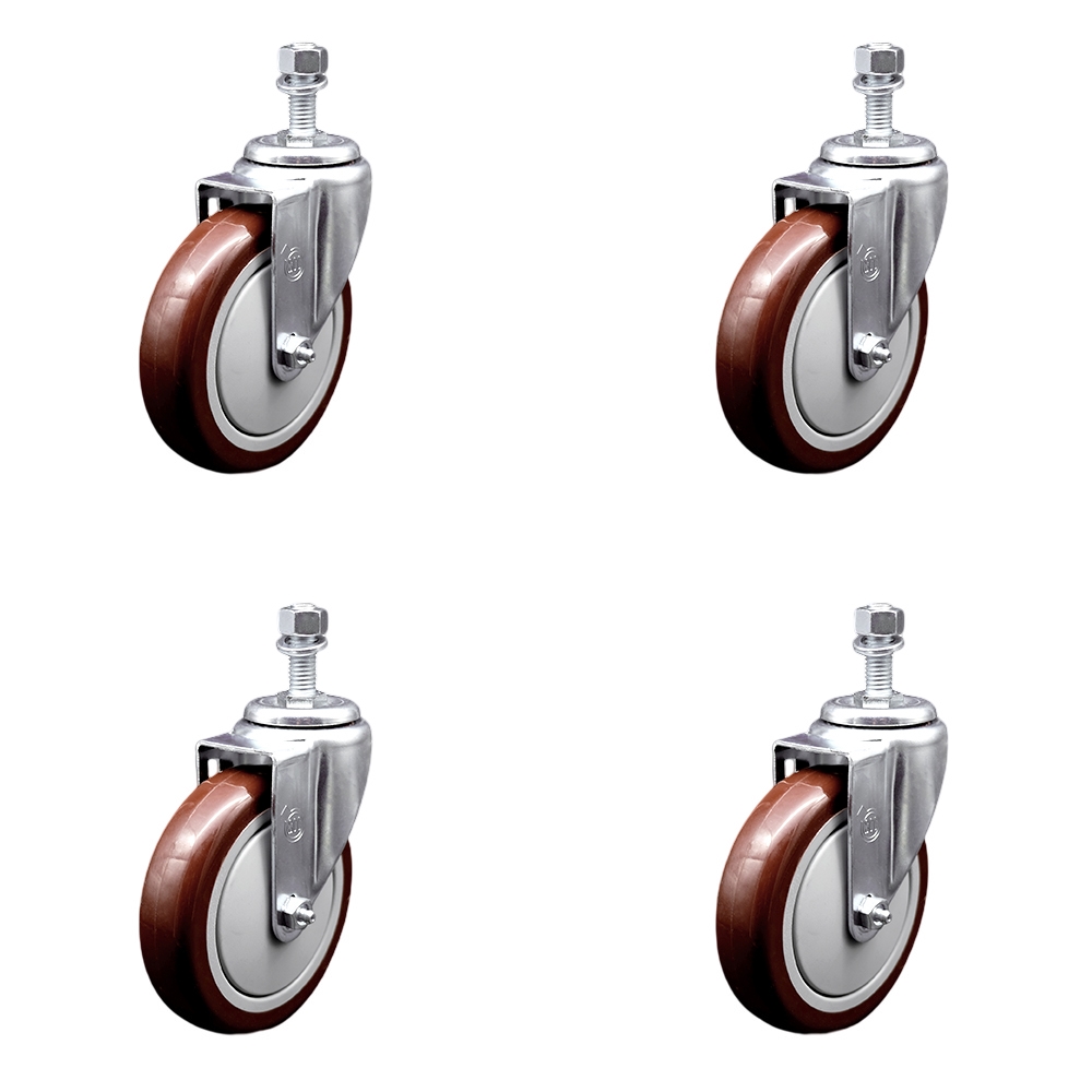 Polyurethane Swivel Threaded Stem Caster Set of 4 w/5" x 1.25" Maroon Wheels and 12mm Stems - Includes 4 Swivel - 1400 lbs Total Capacity - Service Caster Brand — photo 1