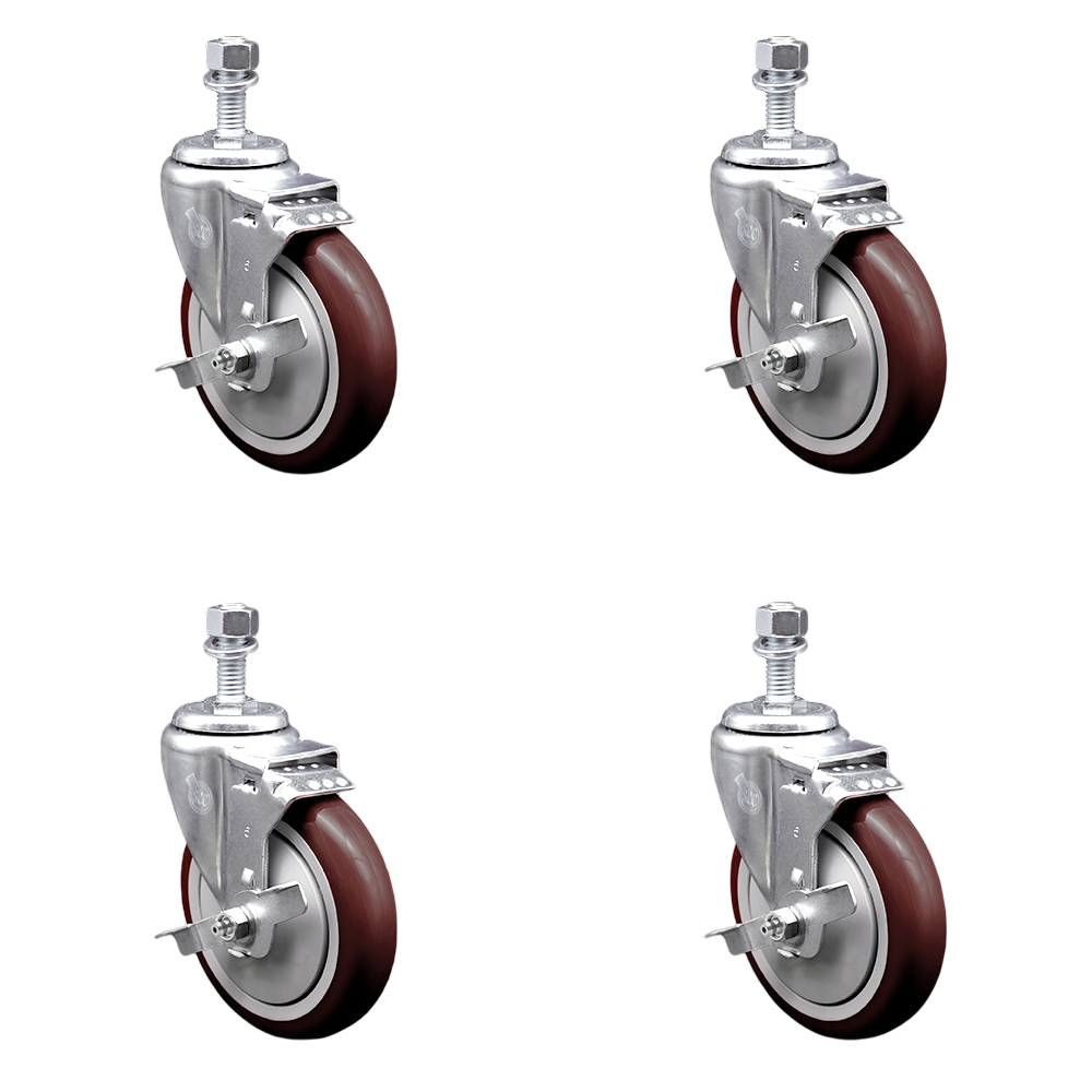Polyurethane Swivel Threaded Stem Caster Set of 4 w/5" x 1.25" Maroon Wheels and 1/2" Stems - Includes 4 with Top Lock Brakes - 1400 lbs Total Capacity - Service Caster Brand — photo 1