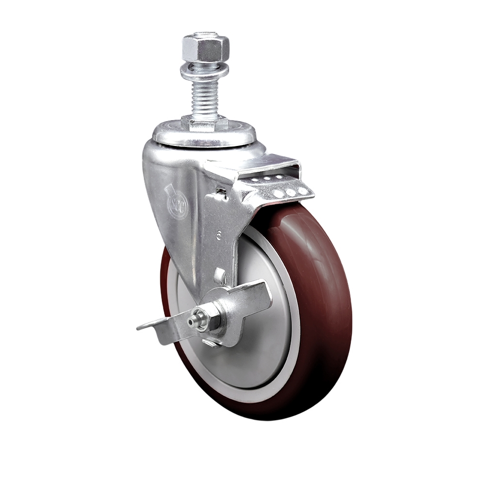 Service Caster Brand Replacement for Colson Caster 2.05254.95 MTG11 BRK1 - Polyurethane Swivel Threaded Stem Caster with 5" Maroon Wheel and 1/2" x 1" Stem & Top Locking Brake- 350 lbs Capacity/Caster — photo 1