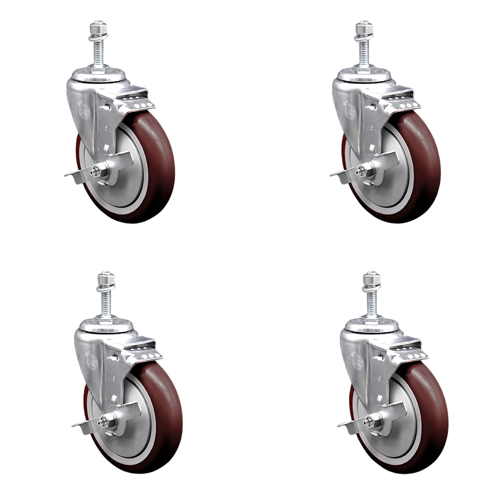 Polyurethane Swivel Threaded Stem Caster Set of 4 w/5" x 1.25" Maroon Wheels and 3/8" Stems - Includes 4 with Top Lock Brakes - 1400 lbs Total Capacity - Service Caster Brand — photo 1