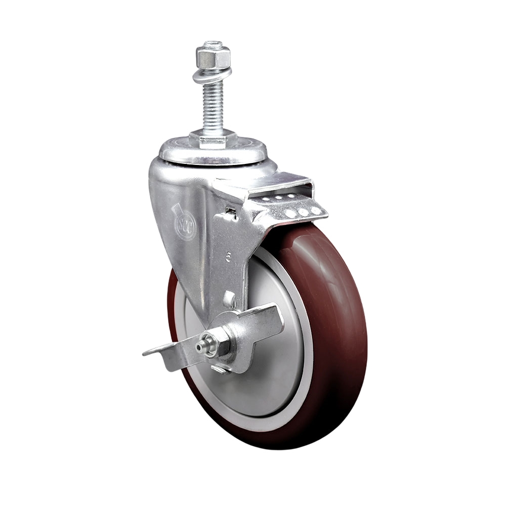 Polyurethane Swivel Threaded Stem Caster w/5" x 1.25"  Maroon Wheel and 3/8" Stem & Top Locking Brake - 350 lbs Capacity/Caster - Service Caster Brand — photo 1