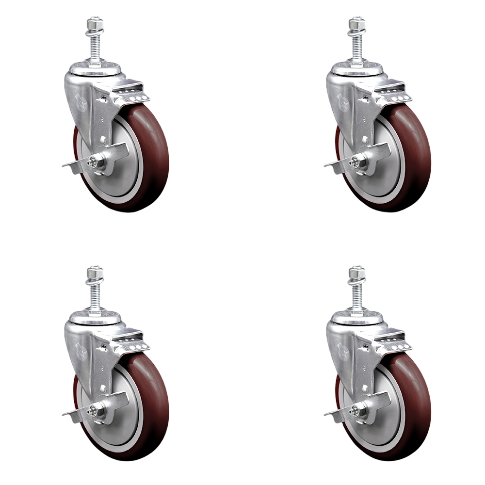 Polyurethane Swivel Threaded Stem Caster Set of 4 w/5" x 1.25" Maroon Wheels and 10mm Stems - Includes 4 with Top Lock Brakes - 1400 lbs Total Capacity - Service Caster Brand — photo 1