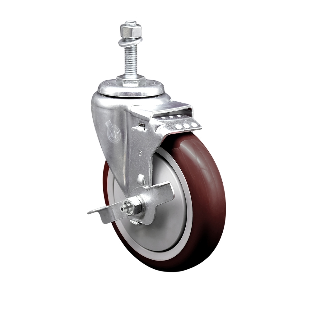 Polyurethane Swivel Threaded Stem Caster w/5" x 1.25"  Maroon Wheel and 10mm Stem & Top Locking Brake - 350 lbs Capacity/Caster - Service Caster Brand — photo 1