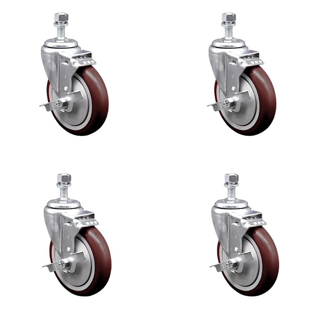 Polyurethane Swivel Threaded Stem Caster Set of 4 w/5" x 1.25" Maroon Wheels and 12mm Stems - Includes 4 with Top Lock Brakes - 1400 lbs Total Capacity - Service Caster Brand — photo 1