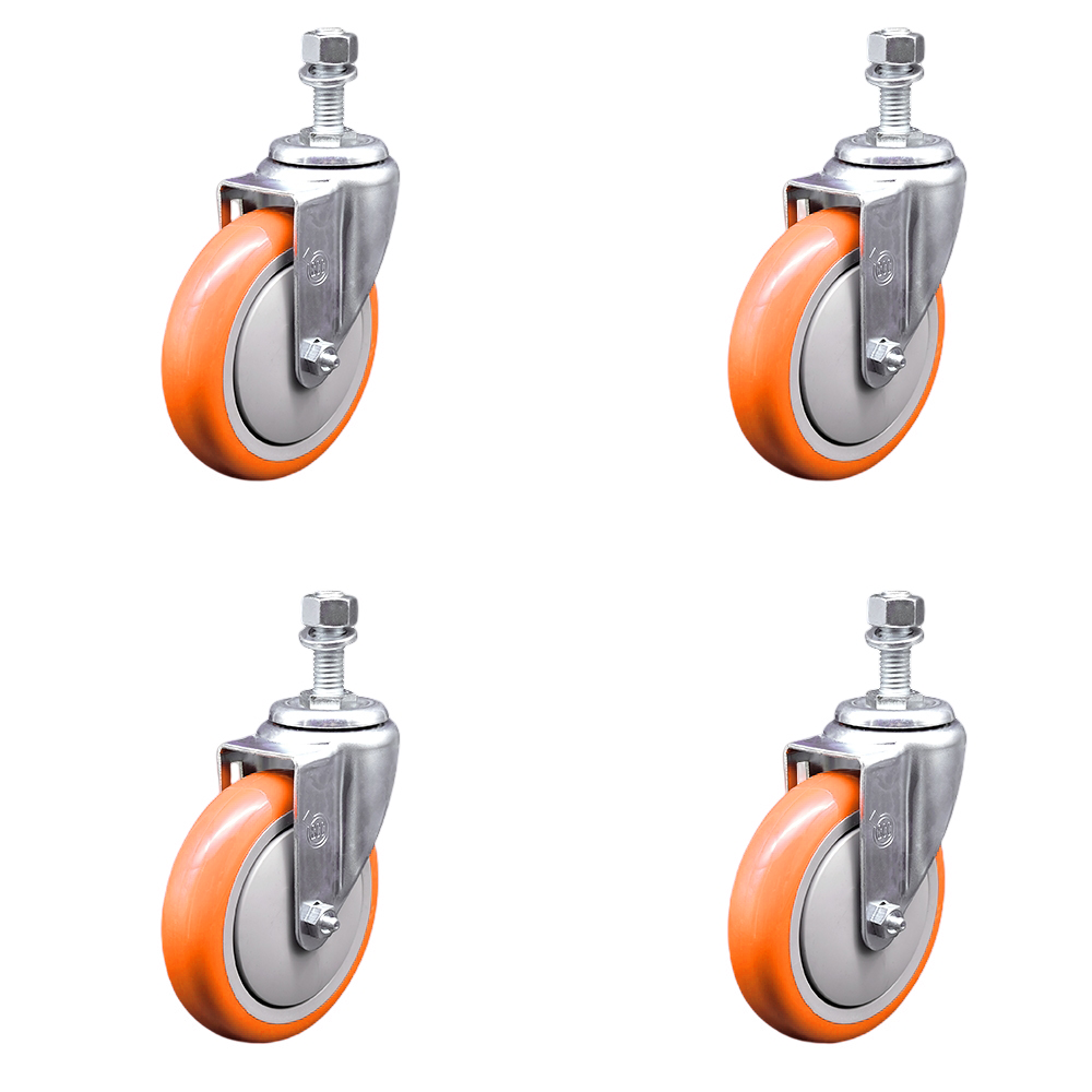 Polyurethane Swivel Stem Caster Set of 4 with 5 Inch Orange Caster Wheels - 1/2" Threaded Stems - 316 Stainless Steel Casters - Includes 4 Swivel Casters - Service Caster Brand — photo 1
