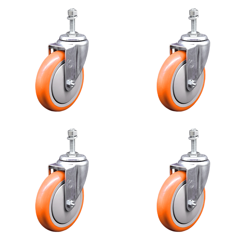 Polyurethane Swivel Threaded Stem Caster Set of 4 w/5" x 1.25" Orange Wheels and 3/8" Stems - Includes 4 Swivel - 1400 lbs Total Capacity - Service Caster Brand — photo 1