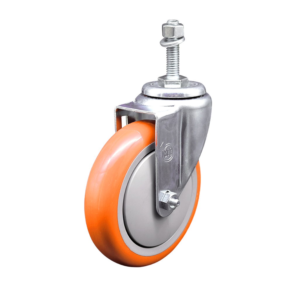 Polyurethane Swivel Stem Caster with 5 Inch Orange Caster Wheel - 3/8" Threaded Stem - 316 Stainless Steel Caster - 350 lbs. Capacity Per Caster - Service Caster Brand — photo 1