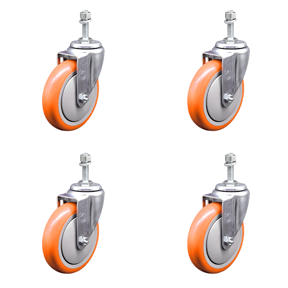 Polyurethane Swivel Stem Caster Set of 4 with 5 Inch Orange Caster Wheels - 10mm Metric Threaded Stems - 316 Stainless Steel Casters - Includes 4 Swivel Casters - Service Caster Brand — photo 1
