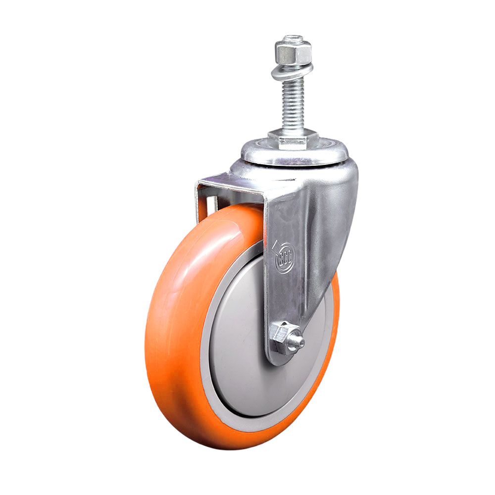 Polyurethane Swivel Threaded Stem Caster w/5" x 1.25" Orange Wheel and 10mm Stem - 350 lbs Capacity/Caster - Service Caster Brand — photo 1