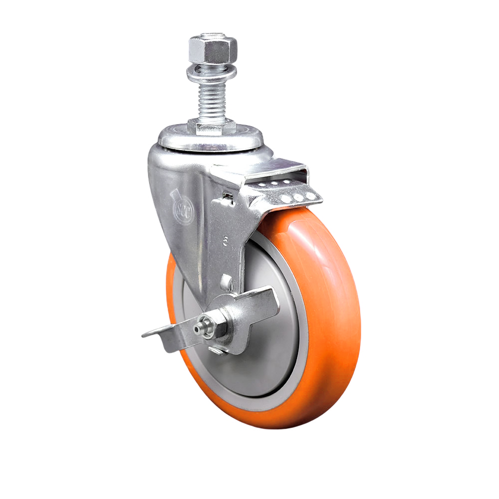 Polyurethane Swivel Threaded Stem Caster w/5" x 1.25" Orange Wheel and 1/2" Stem & Top Locking Brake - 350 lbs Capacity/Caster - Service Caster Brand — photo 1