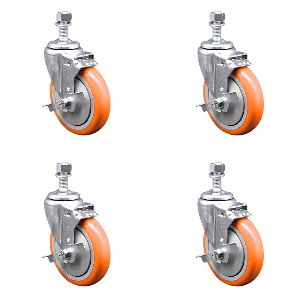 Polyurethane Swivel Stem Caster Set of 4 with 5 Inch Orange Caster Wheels - 12mm Metric Threaded Stems - 316 Stainless Steel Casters-Includes 4 Swivel Casters with Top Lock Brakes-Service Caster Brand — photo 1