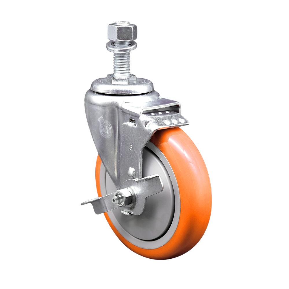 Polyurethane Swivel Stem Caster with 5 Inch Orange Caster Wheel and Top Lock Brake - 12mm Metric Threaded Stem - 316 Stainless Steel Caster - 350 lbs. Capacity Per Caster - Service Caster Brand — photo 1