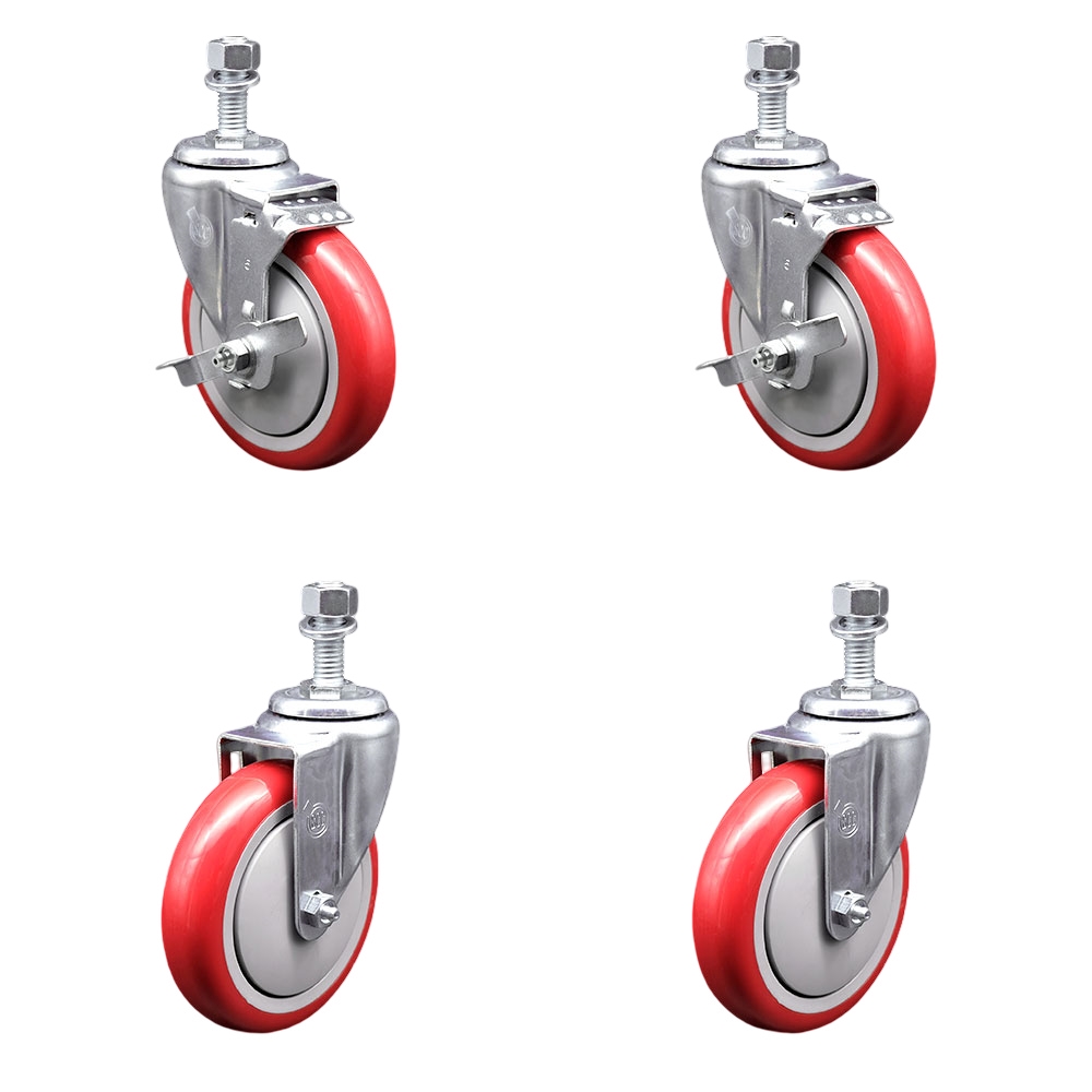 Polyurethane Swivel Threaded Stem Caster Set of 4 w/5" x 1.25" Red Wheels and 1/2" Stems - Includes 2 with Top Locking Brake - 1400 lbs Total Capacity- Service Caster Brand — photo 1